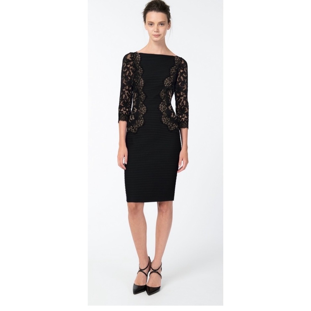 Tadashi Shoji Black Pintuck Jersey and‎ LaceSheath Dress 3/4 Sleeve Size Small
